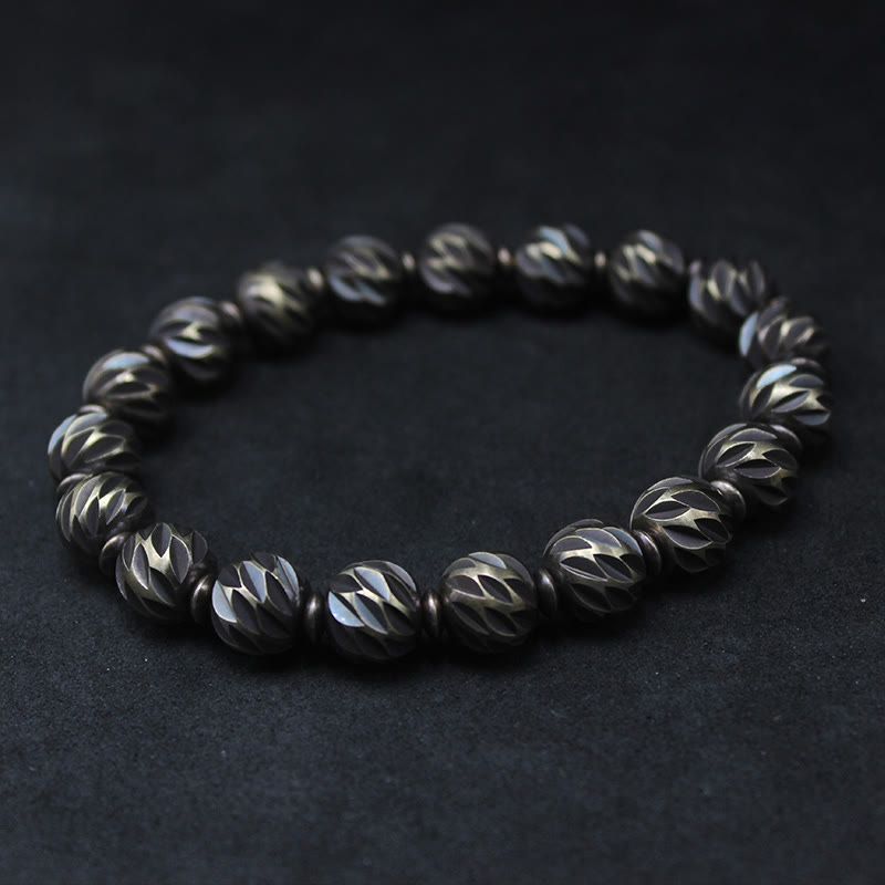 KarmaRipple's Vintage Distressed Knife Carving Pattern Bronze Brass Beadwork Wealth Bracelet p26