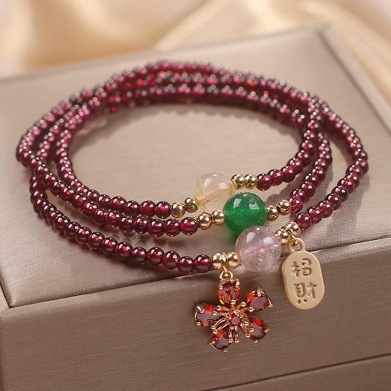 KarmaRipple's Authentic 3mm Ultra-thin Garnet Beadwork Cherry Blossom Flower Attract Fortune Protection Multilayer Bracelet p1