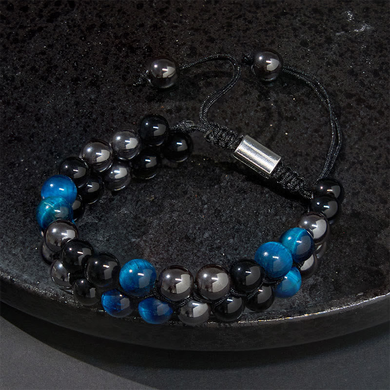 KarmaRipple's Authentic Blue Tiger Eye Black Magnetite Black Obsidian Double Row Beadwork Protection Bracelet p2