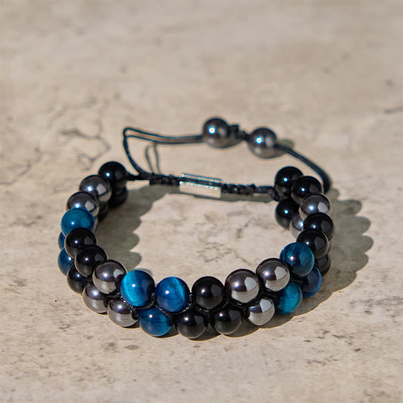 KarmaRipple's Authentic Blue Tiger Eye Black Magnetite Black Obsidian Double Row Beadwork Protection Bracelet p11