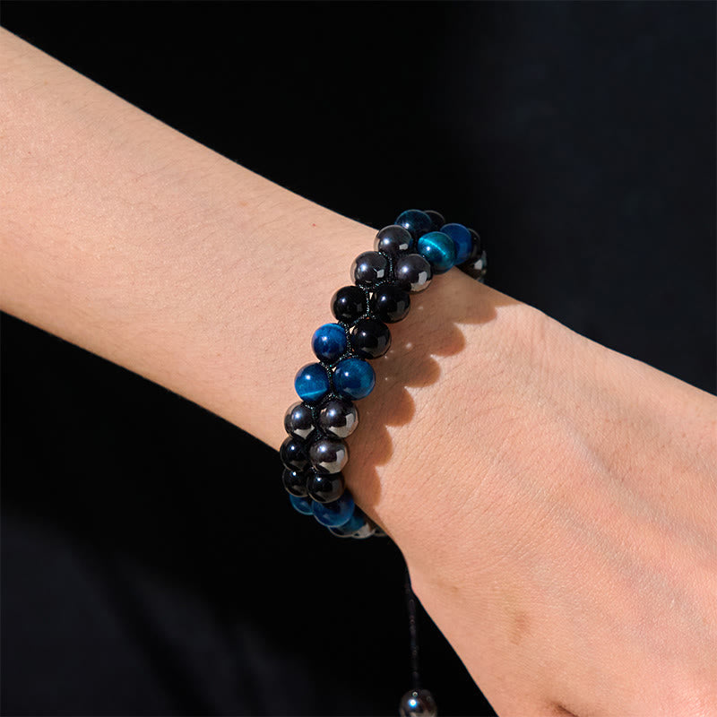 KarmaRipple's Authentic Blue Tiger Eye Black Magnetite Black Obsidian Double Row Beadwork Protection Bracelet p5