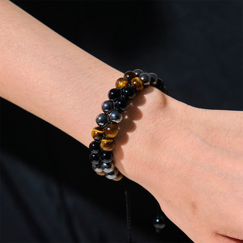 KarmaRipple's Authentic Tiger Eye Black Magnetite Black Onyx Double Row Beadwork Protection Bracelet p5