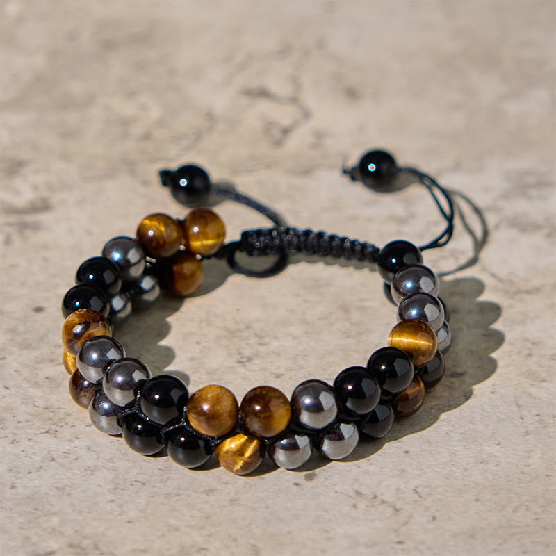 KarmaRipple's Authentic Tiger Eye Black Magnetite Black Onyx Double Row Beadwork Protection Bracelet p1