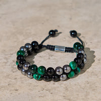 KarmaRipple's Authentic Green Tiger Eye Black Magnetite Black Obsidian Double Row Beadwork Positive Bracelet