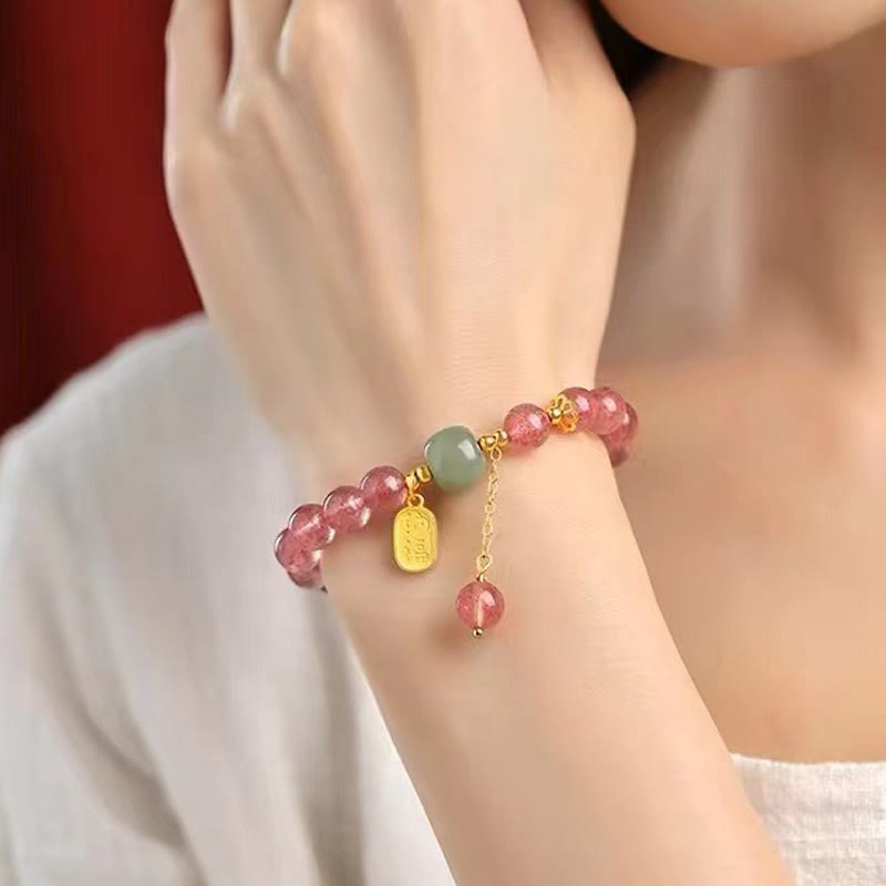 KarmaRipple's Authentic Strawberry Quartz Fu Character Jade Positive Balancing Bracelet p5