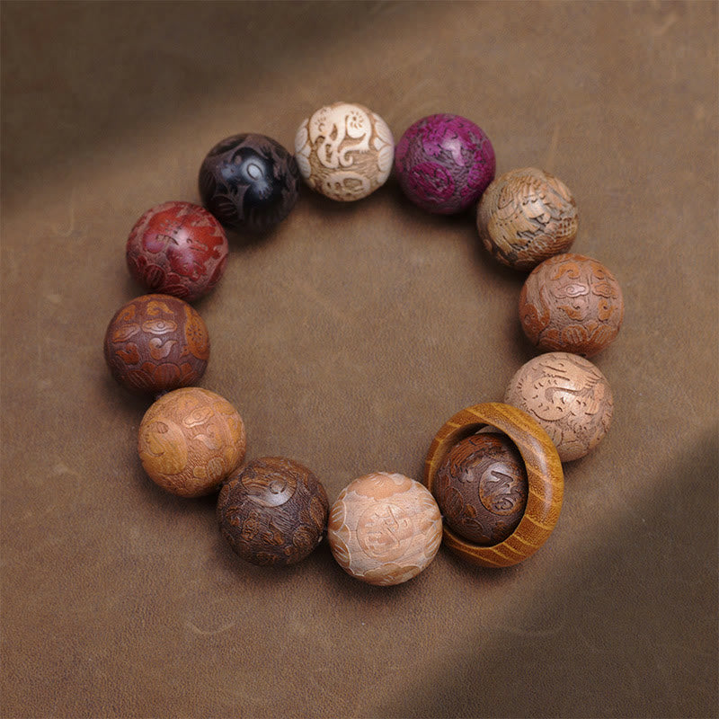 KarmaRipple's Carving Sandalwood Chinese Zodiac Auspicious Dragon Phoenix Fu Character Balancing Bracelet p2