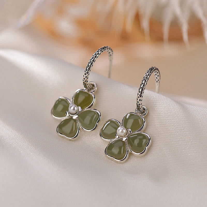KarmaRipple's 925 Sterling Silver Authentic Cyan Jade Four Leaf Clover Fortune Success Earrings p18