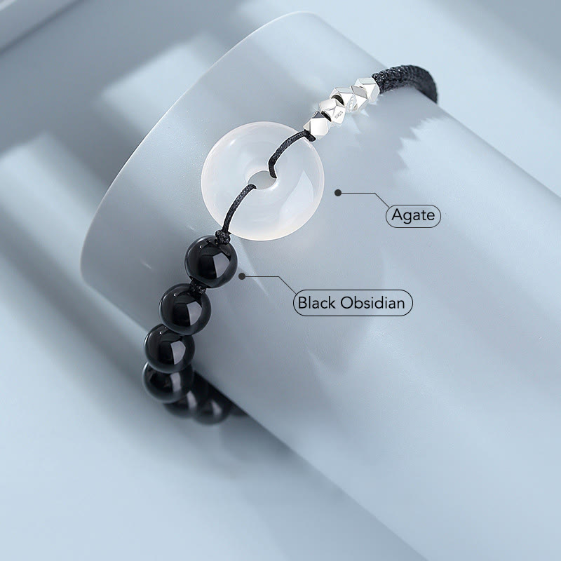 KarmaRipple's 925 Sterling Silver Black Obsidian Agate Peace Buckle Strength Bracelet p4