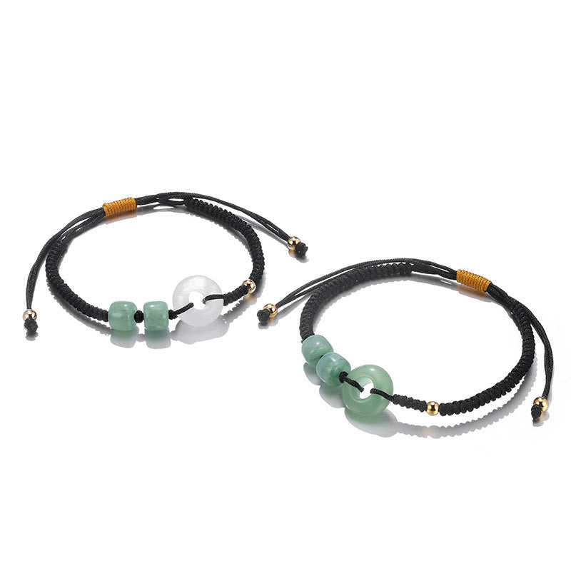 KarmaRipple's 2Pcs Green Aventurine Ivory Jade Peace Buckle Fortune Woven Pair Bracelet p24