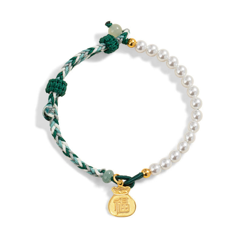 KarmaRipple's 925 Sterling Silver Fu Character Fortunate Bag Pearl Hetian Jade Wisdom Rope Bracelet p11