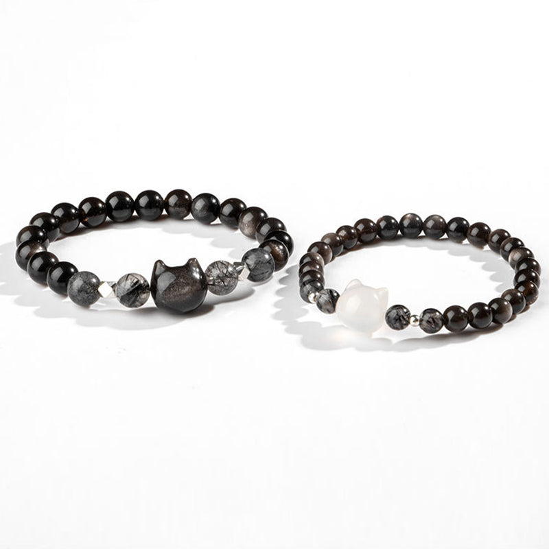 KarmaRipple's Authentic Silver Sheen Obsidian Cute Cat Head Protection Bracelet p9