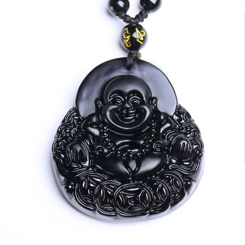 KarmaRipple's Laughing Buddha Black Obsidian Strength Protection Necklace Pendant p6