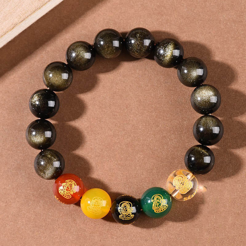 KarmaRipple's Gold Sheen Obsidian Rainbow Obsidian Black Obsidian Five Directions Gods of Wealth Bracelet p17