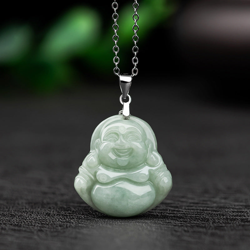 KarmaRipple's 925 Sterling Silver Laughing Buddha Jade Blessing Pendant Chain Necklace p12
