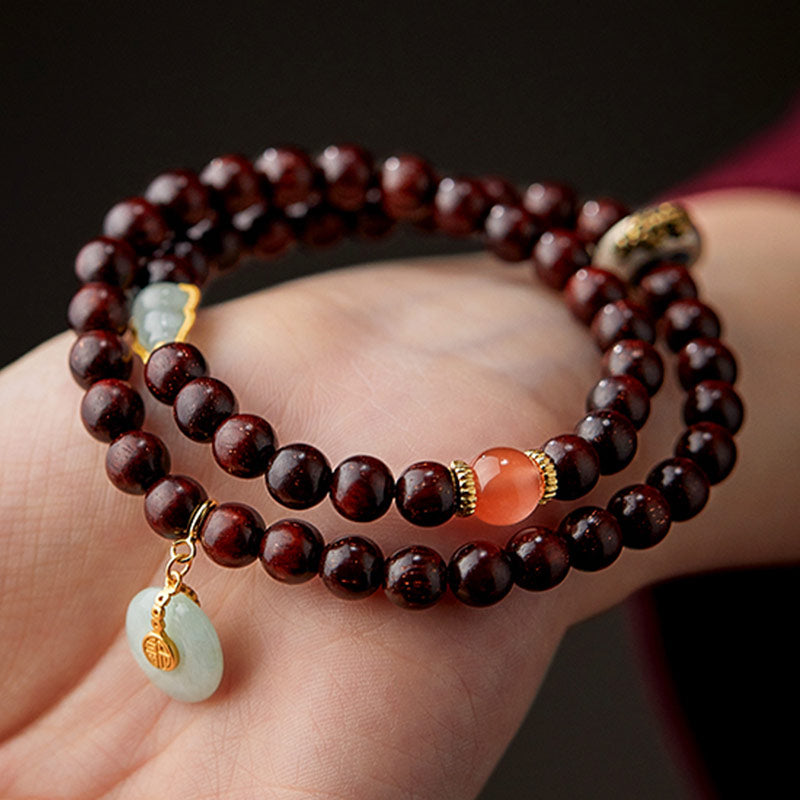 KarmaRipple's Chinese Zodiac Natal Buddha Small Leaf Red Sandalwood Jade Red Agate PiXiu Sooth Bracelet p21