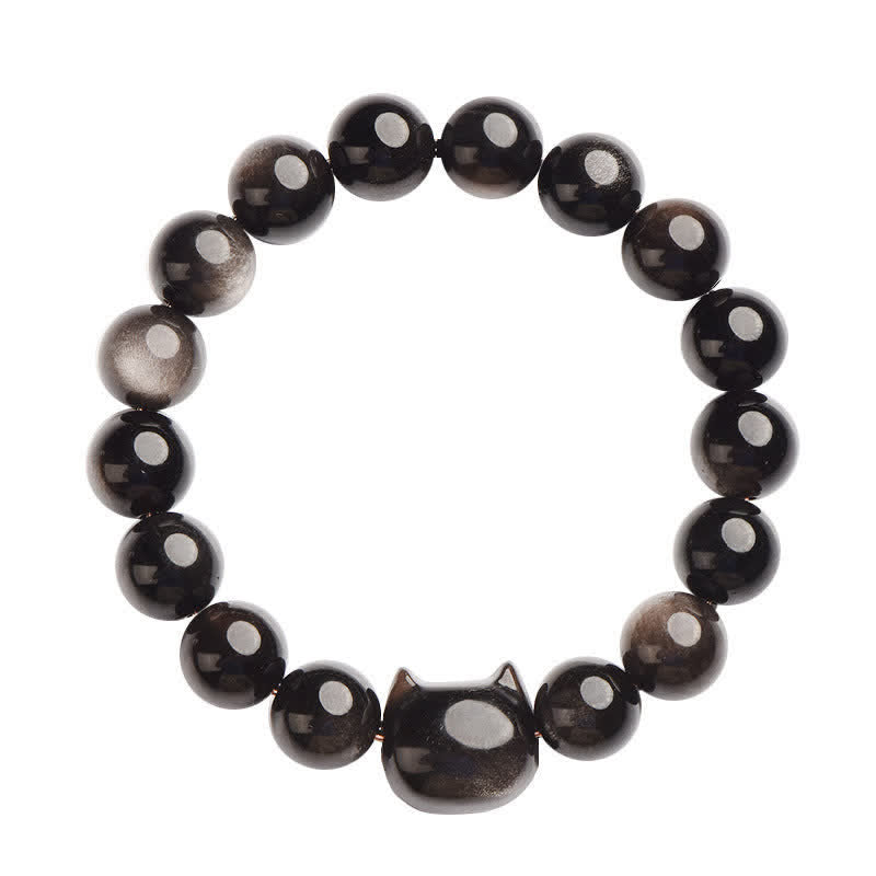 KarmaRipple's Gold Sheen Obsidian Silver Sheen Obsidian Lovely Paw Fortunate Cat Protection Bracelet p32