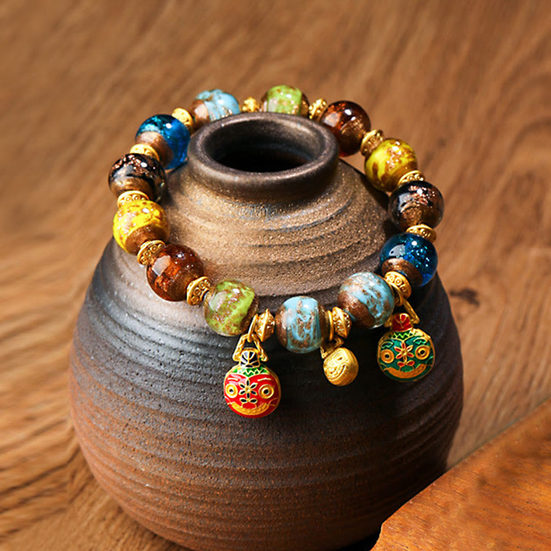 KarmaRipple's Gold Swallowing Beast Family Talisman Liuli Glass Bead Fortune Bracelet p50