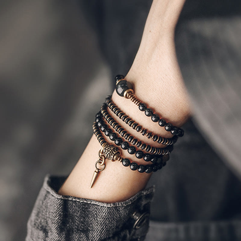 KarmaRipple's Rainbow Obsidian Ebony Wood Bronze Positive Multilayer Bracelet p13