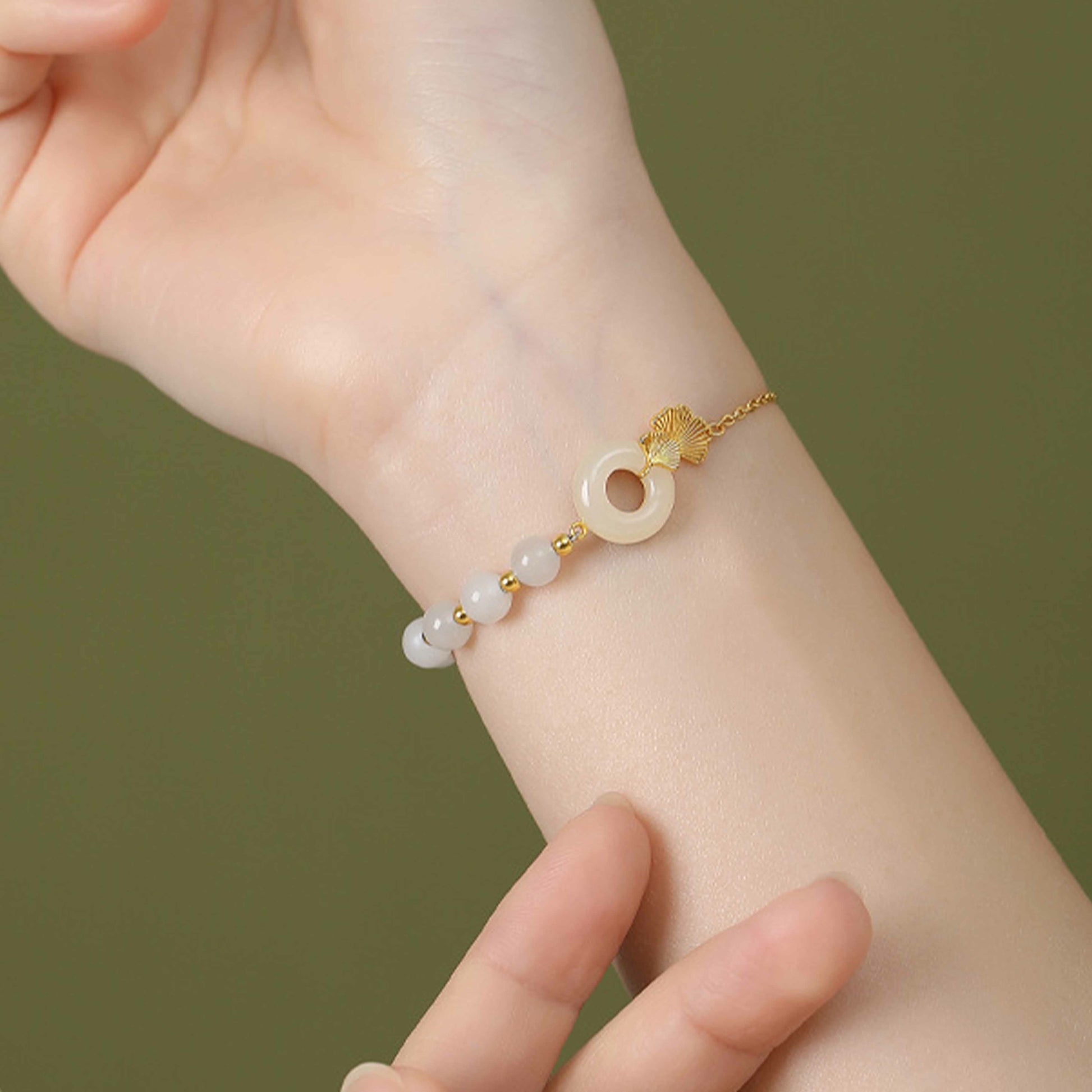 KarmaRipple's 925 Sterling Silver Hetian Ivory Jade Peace Buckle Ginkgo Leaf Fortune Bracelet p6