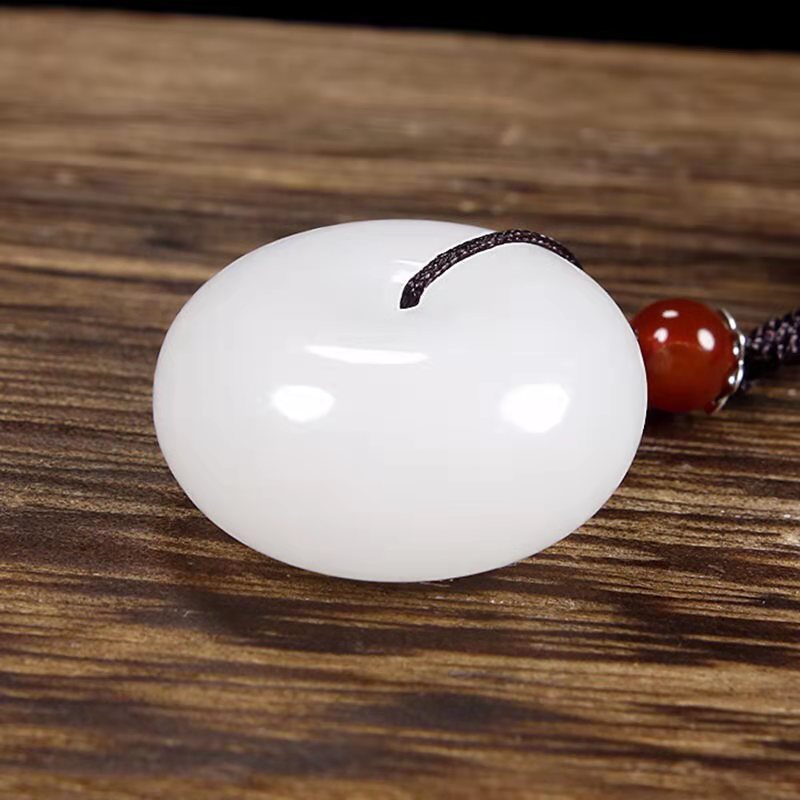 KarmaRipple's Round Hetian Ivory Jade Peace Buckle Blessing Pendant Necklace p9