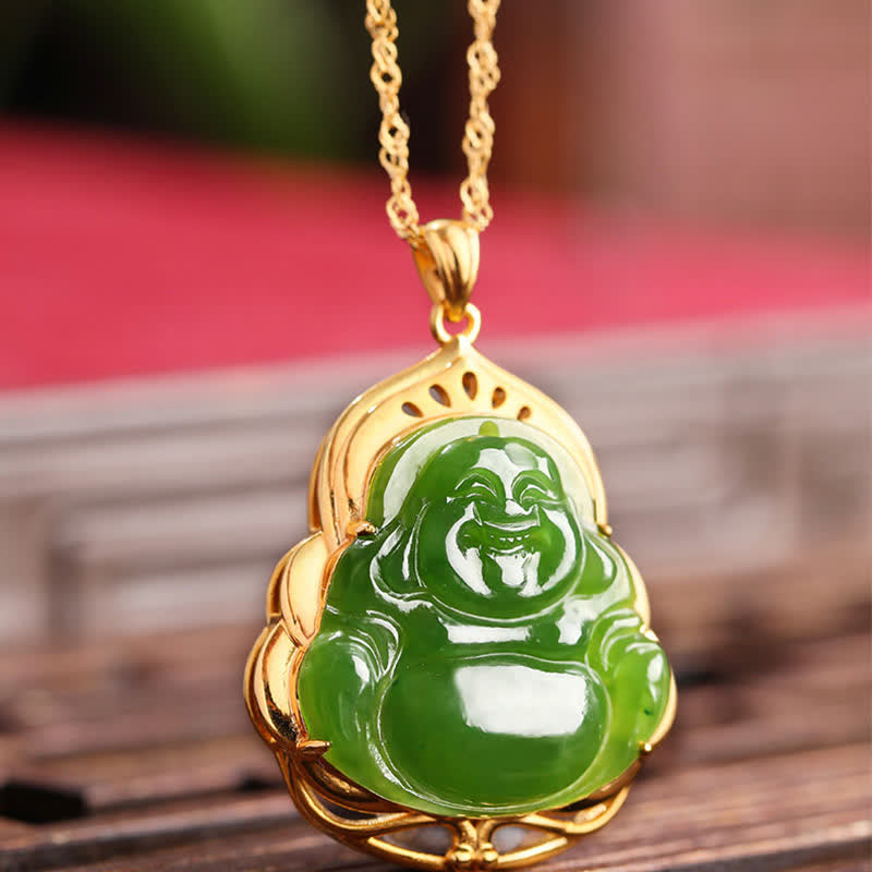 KarmaRipple's 925 Sterling Silver Authentic Hetian Cyan Jade Laughing Buddha 18K Gold Balancing Pendant Chain Necklace p5