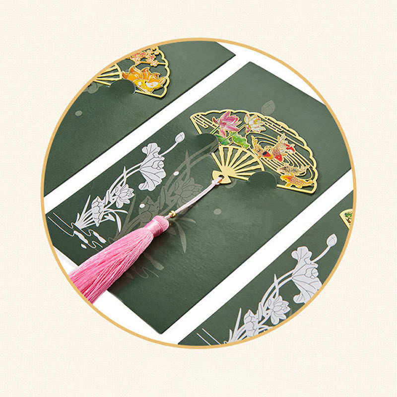 KarmaRipple's Traditional Butterfly Lotus Flower Crane Dragon Phoenix Fox Koi Fish New Beginning Metal Brass Hollow Fan Bookmarks p23