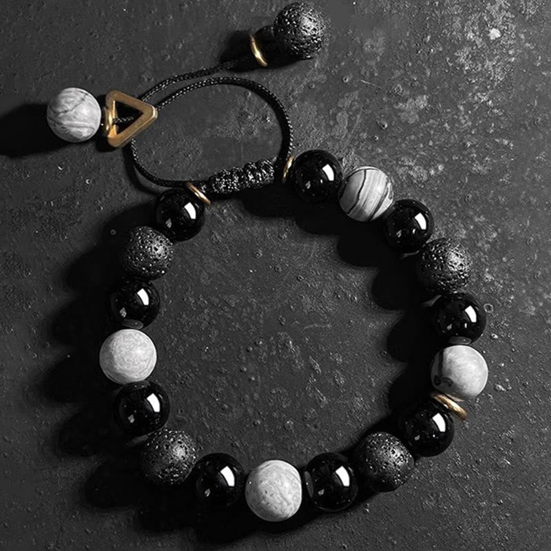 KarmaRipple's Black Obsidian Lava Rock Stone Yin Yang Strength Bracelet p6