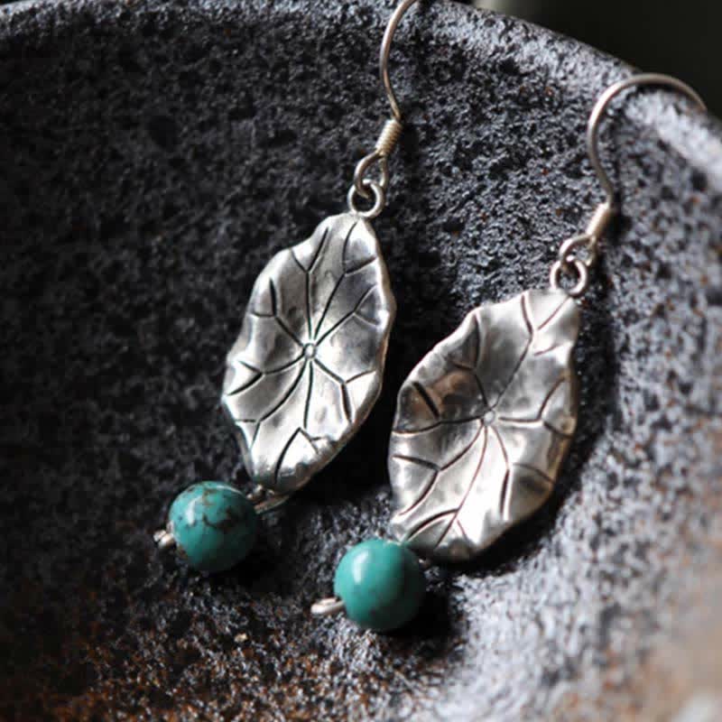 KarmaRipple's 925 Sterling Silver Turquoise Lotus Leaf Protection Drop Dangle Earrings p6