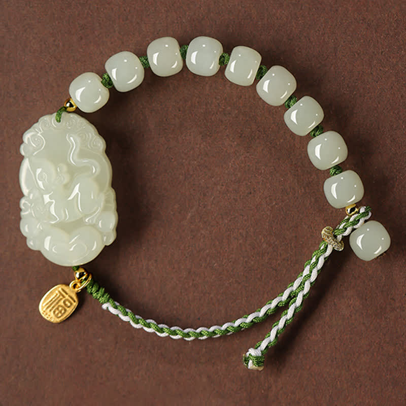 KarmaRipple's 925 Sterling Silver Chinese Zodiac Hetian Jade Happiness Fortune String Bracelet p25