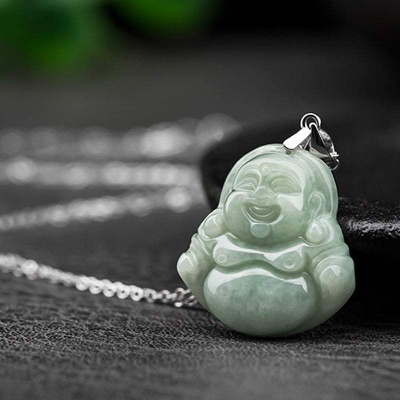 KarmaRipple's 925 Sterling Silver Laughing Buddha Jade Blessing Pendant Chain Necklace p6