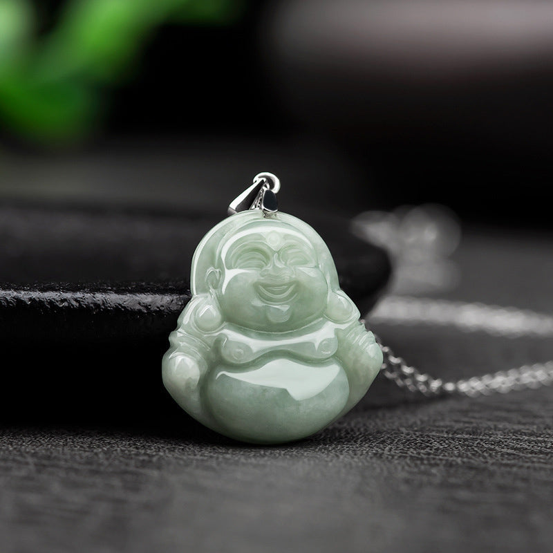 KarmaRipple's 925 Sterling Silver Laughing Buddha Jade Blessing Pendant Chain Necklace p2