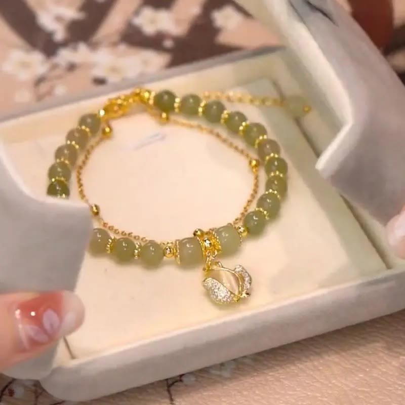 KarmaRipple's Jade Leaf Ginkgo Tulip Peanut Fu Character Fortune Beaded Bracelet p26