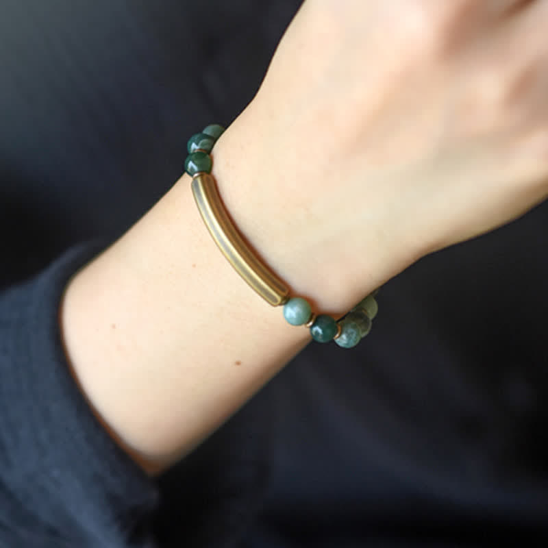 KarmaRipple's Red Jasper Moss Agate Black Obsidian Gemstone Bronze Peace Pair Bracelet p19