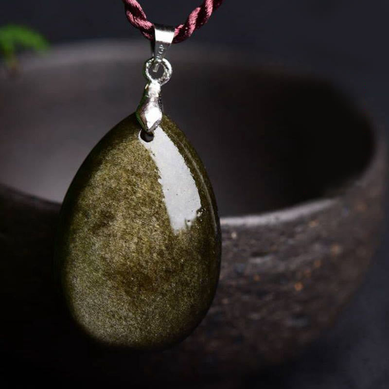 KarmaRipple's Gold Sheen Obsidian Black Obsidian Rainbow Obsidian Wealth Water Drop Pendant Necklace p9