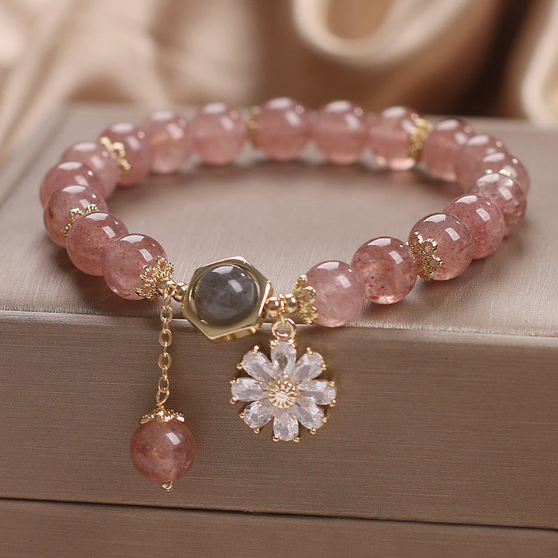 KarmaRipple's Authentic Strawberry Quartz Gemstone Daisy Flower Talisman Positive Balancing Bracelet p4