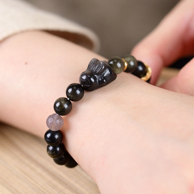 KarmaRipple's Gold Sheen Obsidian Black Obsidian Silver Sheen Obsidian Cute Rabbit Protection Bracelet p10