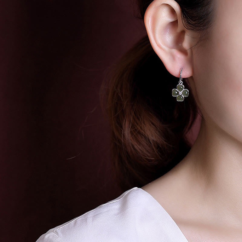 KarmaRipple's 925 Sterling Silver Authentic Cyan Jade Four Leaf Clover Fortune Success Earrings p12