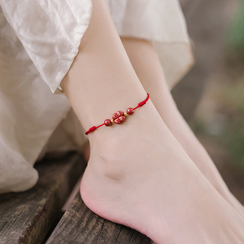 KarmaRipple's Four Leaf Clover Cinnabar Blessing Calm String Bracelet Anklet p12