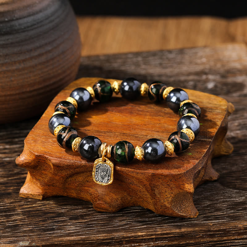 KarmaRipple's Tibetan Zakiram Goddess of Wealth Liuli Glass Incense Ash Porcelain Bead Fortune Bracelet p27