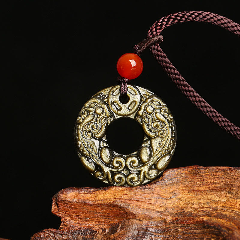 KarmaRipple's Gold Sheen Obsidian Peace Buckle Pixiu Bronze Coin Wealth Pendant Necklace p1