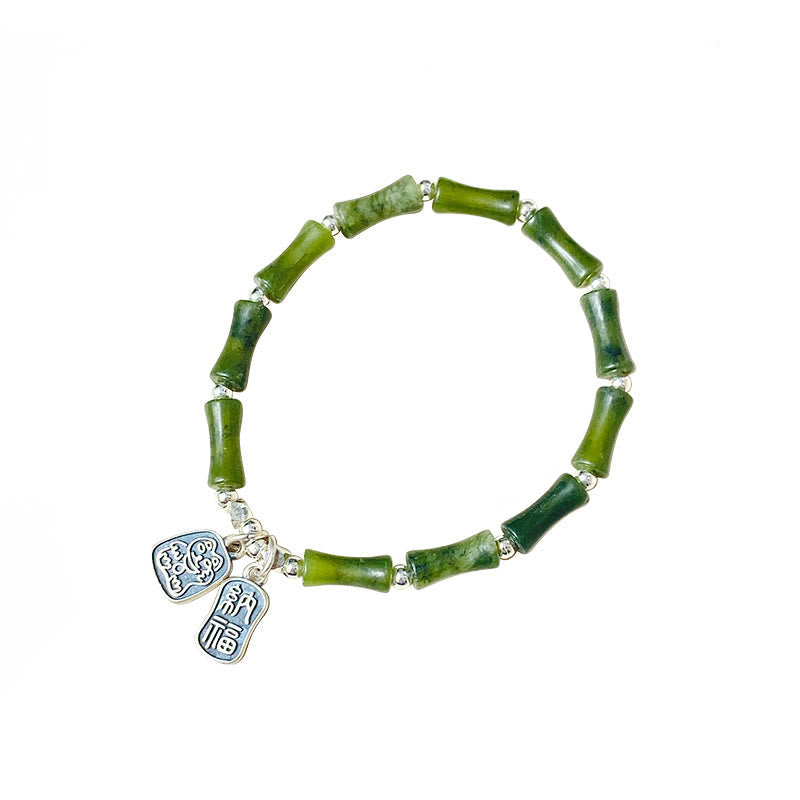 KarmaRipple's 925 Sterling Silver Bamboo Jade Fortunate Cat Fu Character Fortune Abundance Bracelet p18