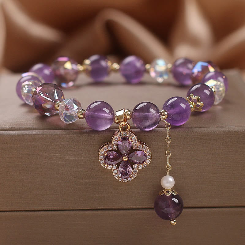 KarmaRipple's Authentic Amethyst Gemstone Four Leaf Clover Spiritual Balancing Bracelet p10