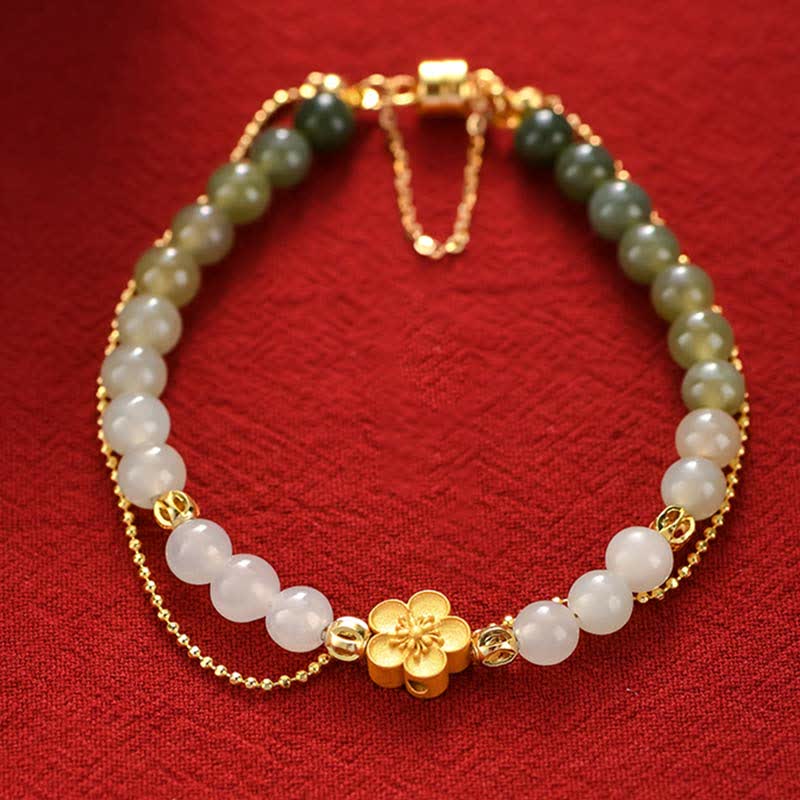 KarmaRipple's 925 Sterling Silver Authentic Hetian Jade Peach Blossom Fortune Chain Bracelet p13