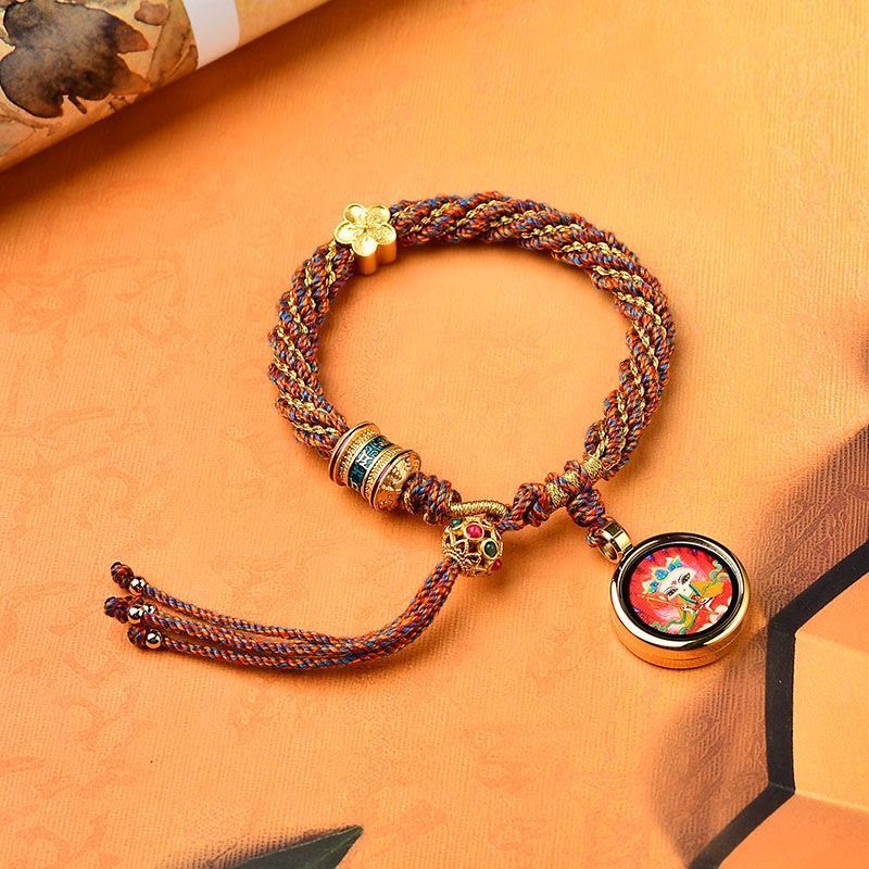 KarmaRipple's Tibet Handmade Five God Of Wealth Fortune Thangka Amulet Prayer Wheel Flower Talisman Weave String Bracelet p24