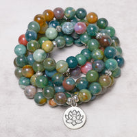 KarmaRipple's 108 Mala Beadwork Indian Agate Lotus OM Buddha Tree of life Positive Calm Bracelet