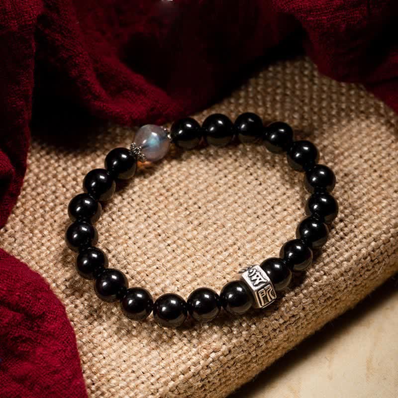 KarmaRipple's Chinese Zodiac Natal Buddha 925 Sterling Silver Black Obsidian Moonstone Strength Bracelet p30