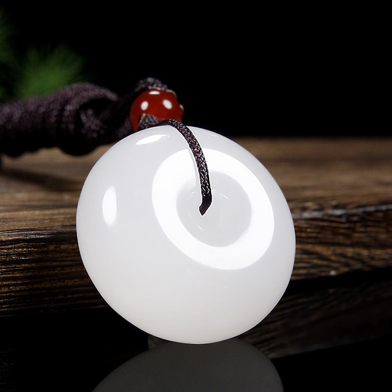 KarmaRipple's Round Hetian Ivory Jade Peace Buckle Blessing Pendant Necklace p5