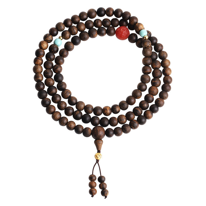 KarmaRipple's 108 Mala Beadwork Agarwood Red Agate Turquoise Peace Meditation Bracelet p12