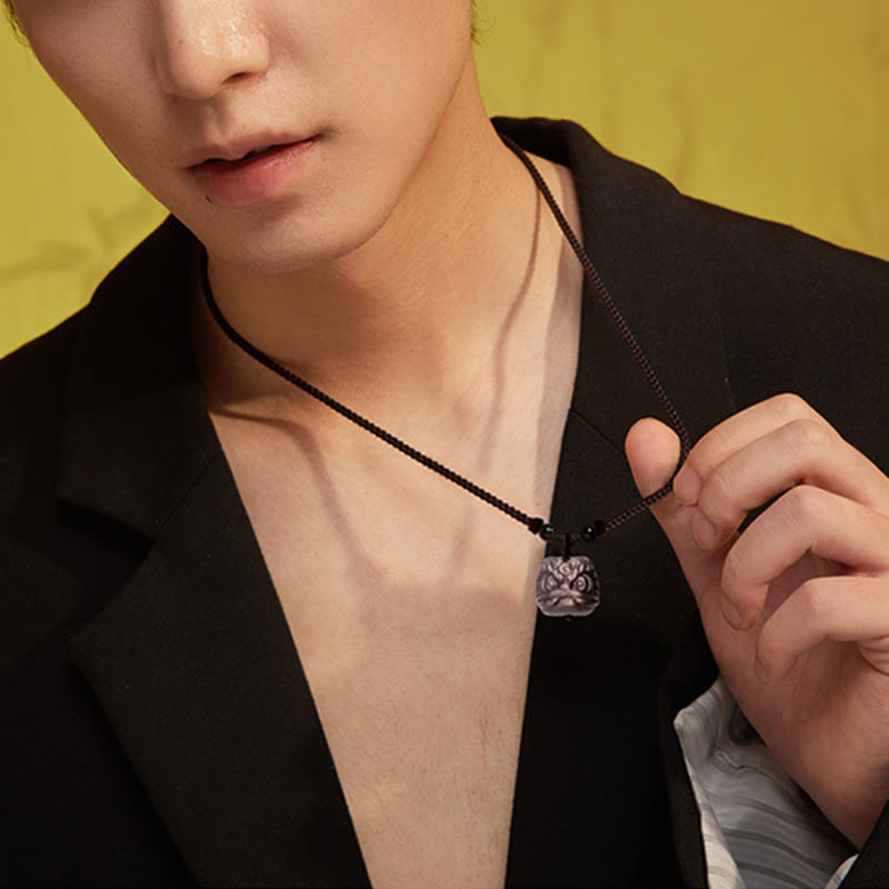 KarmaRipple's Authentic Silver Sheen Obsidian Red Agate Dancing Lion Protection Pendant Necklace p4