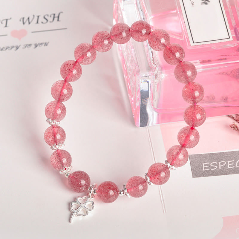 KarmaRipple's 925 Sterling Silver Strawberry Quartz Four Leaf Clover Love Bracelet p6